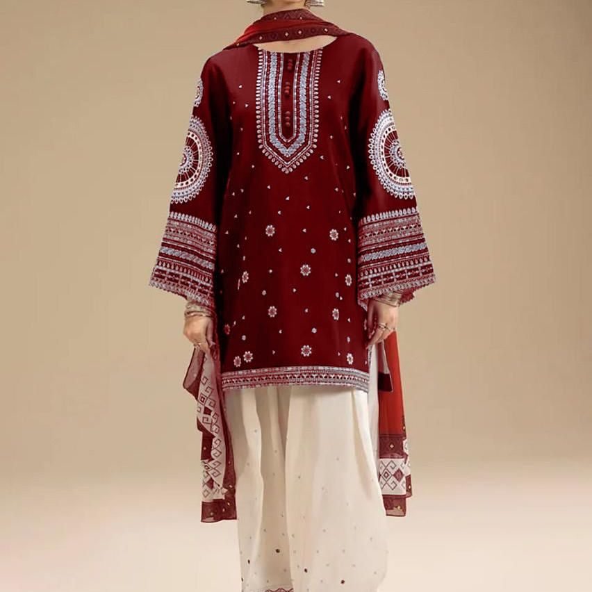 DHANAK embroidery 3PC suit. Red