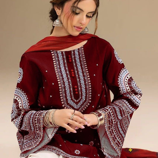 DHANAK embroidery 3PC suit. Red