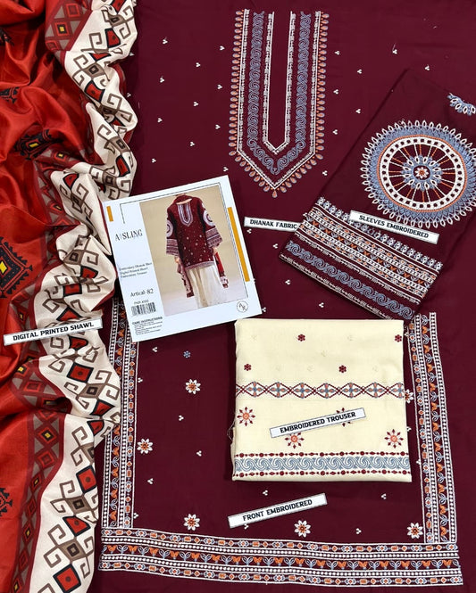 DHANAK embroidery 3PC suit. Red